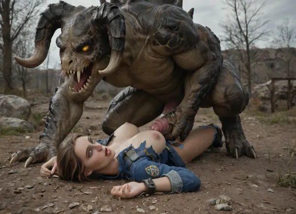 Lucy is dressed in a Vault 111 jumpsuit, is getting aggressively fucked by a massive green Deathclaw out in the Capital Wastes, handjob, Interspecies, Deathclaw, Fallout, lizard penis, mutant male, monster sex, zoophilia, detailed faces detailed eyes, detailed mouth, detailed pupils, detailed teeth, HD, ultra detailed, outdoors, torn suit, grinning female, eyes rolled back, gloomy setting, capital wasteland setting, perfect eyes, cumflation