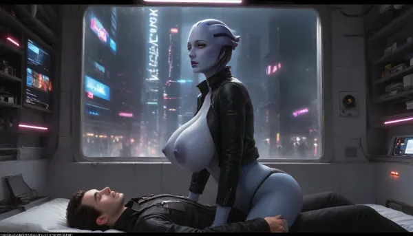 (Masterpice), (HD4K visual), (detailed background), 4K ultra-detailed image, HDR, enhancement, professional photography, clear face, detailed face, precise anatomy, (perfect symmetry), (5 fingers per hand), maximum resolution, sharp focus, NSFW, one female blue skinned Asari from mass effect, beautiful dark blue skin, blue eyes, Asari head hair, thin face, tall, thin frame, gigantic breasts, big gumdrop nipples, wide areola, black thong, thong strings pulled up, leather jacket, in cowgirl position, gigantic man out of frame, big cock, Asari is enthusiastically in cowgirl position getting fucked, cowgirl sex, pussy penetration, (sex), background futuristic city, side view, Asari, ratatatat74, incase, style, <lora:asari-sdxl:1.4>, <lora:ratatatat74-000050:1.4>, <lora:Incase_Style__SDXL:1.4>, <lora:cbcity2:1.4>