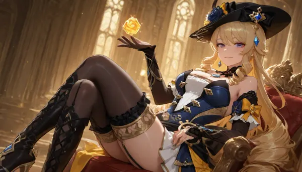 Adult, full-length girl, beautiful, fluffy dress, black steampunk style costume with yellow elements, gothic style dress, Navia from the game Genshin Impact, (long yellow hair), purple eyes, happy smile, 1 girl, looking at viewer, shiny skin, blush, bangs, woman, _jbright__, (genshin, impact), solo, navia, (genshin, impact/), jewelry, black thigh-high stockings, black studded thigh-high boots, <lora:Navia_XL_LoRA:2>