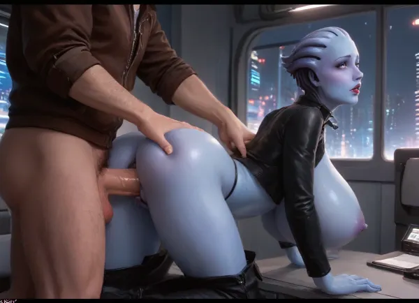 (Masterpice), (HD4K visual), (detailed background), 4K ultra-detailed image, HDR, enhancement, professional photography, clear face, detailed face, precise anatomy, (perfect symmetry), (5 fingers per hand), maximum resolution, sharp focus, NSFW, one female blue skinned Asari from mass effect, beautiful dark blue skin, blue eyes, Asari head hair, thin face, tall, thin frame, gigantic breasts, big gumdrop nipples, wide areola, black thong, thong strings pulled up, leather jacket, in doggystyle position, back arched, gigantic man out of frame, big cock, Asari is enthusiastically in doggystyle position getting fucked, doggystyle sex, pussy penetration, (sex), background futuristic city, side view, Asari, ratatatat74, incase, style, <lora:asari-sdxl:1.4>, <lora:ratatatat74-000050:1.4>, <lora:Incase_Style__SDXL:1.4>, <lora:cbcity2:1.4>