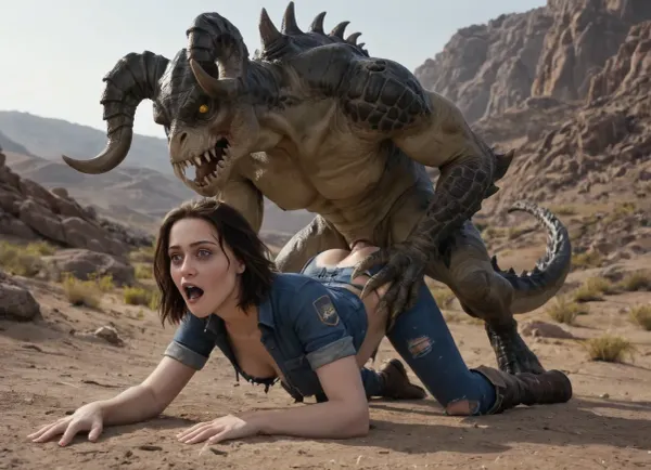 (masterpiece, ultra detailed, best quality, soft shadows, soft light), Fallout style, Lucy MacLean, dressed in a Vault 13 jumpsuit, is getting aggressively fucked by a massive green Deathclaw in the desert, vaginal from behind, grab head, she has black hair, Interspecies, Deathclaw, Fallout, lizard penis, mutant male, monster sex, zoophilia, torn jumpsuit, detailed faces detailed eyes, detailed mouth, detailed pupils, detailed teeth, HD, ultra detailed, outdoors, grinning female, perfect eyes, cumflation