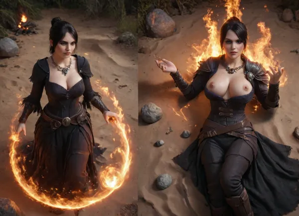 From above view, (morrigan from dragon age game:1.3), ((She's dressed exactly like in dragon age game before)), and toples after, (sexy body), (massive chest), ((teardrop tits)), lying in sexy pose outdoor.fantasy mystical Forest., black eyeliner, (((fully clothed))), Morrigan, from, DragonAge, Witch, of, the, wilds, outfit, yellow, eyes, Black, hair, duel, magical, fire, magic, spell, fireball, element, water, ball, orb, air, wind, earth, rock, plant, sand, onoff, <lora:Morigan-Cinematic:.8>, <lora:Magical duel - SDXL v2.0:.8>, <lora:OnoffXL_ExtraCrispy:1.2>