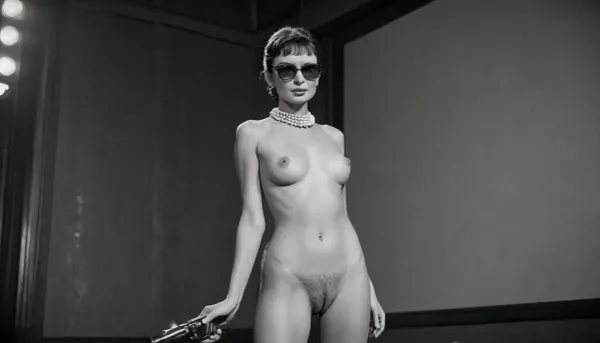 sensual naked woman, audrey hepburn, very hairy pube, natural breasts, old photo, black and white photo, grainy photo, full body view, freckles, mole, lightly smiling, holding .44 pistol, fully naked body, pearl choker, pearl earrings, sunglasses, legs spread wide, movie theater scenery, <lora:EnvyGothXL01:1.7>, <lora:Meru_Character_SDXL-000007:1.2>, <lora:Polaroidv2:1>, <lora:late night out_epoch_12:1.5>, <lora:Midjourney Image Enhancer XL v1:1.2>