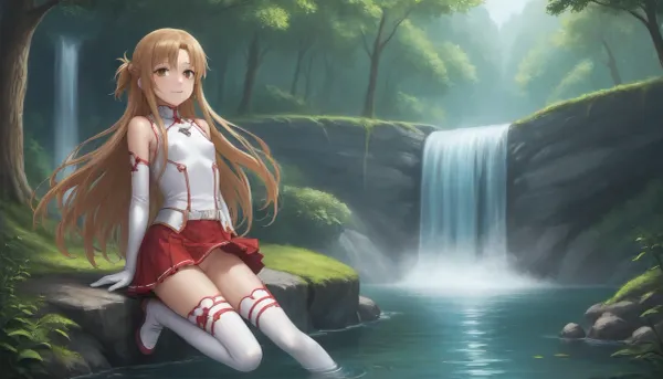 (Asuna Yuuki from Sword Art Online), 25 year old girl, realistic face, smiling, red and white suit, (blonde hair), (slightly curly hair), long hair, light blue eyes, freckles on face, pretty face, very tanned skin, narrow hips, thin waist, side view, vagina visible from under skirt, front view, full-length view, flat chest, areolas, swollen, puffy, very cold nipples, (focus and realistic face:1.2), sex, Asuna, (SAO), forest edge, waterfall, river, forest, floating castle in background, skirt, red skirt, removable gloves, white thigh-high stockings, brown hair, brown eyes, breastplate, solo, pleated skirt, miniskirt, white belt, blonde, hair, brown, eyes, long, <lora:asuna:2>, <lora:SDXL_Asuna:.1>