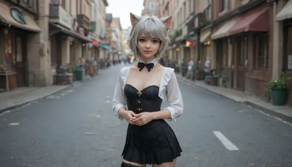21 years old, UHD 8K, detailed background, street, fantasy world, purple eyes, cat ears, gray cat tail, five fingers, perfect fingers, gray hair, a masterpiece of the highest quality, the work of a true craftsman, jewelry, black lace thigh-high stockings, white shirt, black leather corset above the bust with a zipper, ruffles, light blue stripe at the bottom of the skirt, black skirt, Lynette, Lynette Genshin Impact, (Genshin, Impact), (lin, ni, te), 1 girl, slender figure, solo, small breasts, bow, ear, fluff, vagina visible under the skirt, cleavage, bangs, face, smile, star-shaped mark on the right cheek, (pleated leather skirt with a light blue stripe at the bottom), black, bow tie, <lora:linnite_x_00004l:1.7>