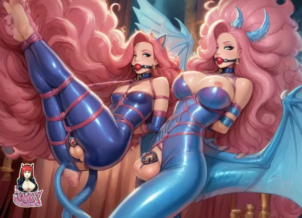 (reiq style), Jessica rabbit., thick tail, pink and blue dragon tail, (colossal wings, multi-color wings, pink and blue, pink dragon wings with blue membrane), 4 pink and blue draconic horns that curve back gracefully, thick dragon tail., long luxurious hair, luscious hair, thick hair, (((extremely long hair, colossal hair, hair fetish))), strawberry-ginger hair, pastel hair with purple highlights and blue light reflections.

Dimly lit room, night, dark room, no lights on, purple rim lighting.

No logo, no icon, no watermark., (((shibari:1.9), (Rope bondage:1.8), (breasts tied together), (ball gag), chastity cage, (tight cat collar), leash)), suspended, legs tied together, legs up, presenting anus., (((femboy, transgender, shemale, tranny, flaccid penis, tight balls, big penis, extremely long penis))), gold chastity cage, Belly dancer, pale skin, violet_eyes_shadow, hourglass figure, (luxourious clothing, queen, royal clothing, iridescent clothing, multi layered skirt), jewels and diamonds, gold arm band, gold rings, gold bracelets, gold leg bands, gold ankle bracelets, gold toe ring, gold tiara, gold earrings, gold necklace, gold body chains, gold nose ring, skimpy clothing, rimlight, thin waist, wide hips, big ass, dressed in iconic dress, spread legs, solo, from below, side view, close up, ((voluptuous)), futanari, naked, (large breasts, eee cup breasts, natural sagging breasts, natural breasts, presenting breasts), nipples, blushing, legs spread, motion lines, feet, outdoors, sunset, garden, greek architecture, Melkor Mancin artstyle, score_9, score_8_up, score_7_up, <lora:cartoon_stickers_xl_v1:.8>, <lora:ratatatat74-000050:1.8>, <lora:shibari_bondage_-_v0.9.1.2-000010:.9>