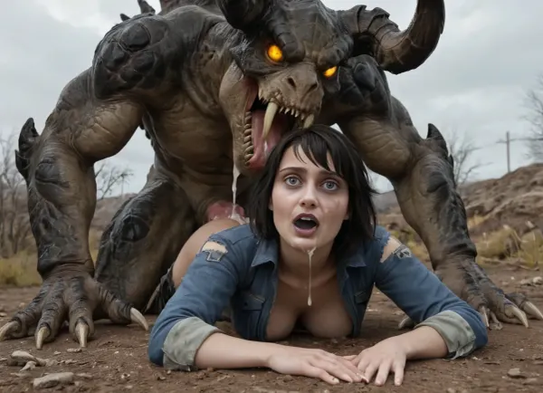 black hair, Lucy is dressed in a Vault suit 13 is getting cumshot by a massive green Deathclaw out in the Capital Wastes, facial, Interspecies, Deathclaw, Fallout, lizard penis, mutant male, monster sex, zoophilia, detailed faces detailed eyes, detailed mouth, detailed pupils, detailed teeth, HD, ultra detailed, outdoors, torn suit, grinning female, eyes rolled back, gloomy setting, capital wasteland setting, perfect eyes, cumflation