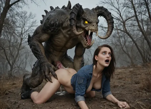 black hair, Lucy is dressed in a Vault 13 jumpsuit is getting cumshot by a massive green Deathclaw out in the Capital Wastes, cumshot, Interspecies, Deathclaw, Fallout, lizard penis, mutant male, monster sex, zoophilia, detailed faces detailed eyes, detailed mouth, detailed pupils, detailed teeth, HD, ultra detailed, outdoors, torn suit, grinning female, eyes rolled back, gloomy setting, capital wasteland setting, perfect eyes, cumflation