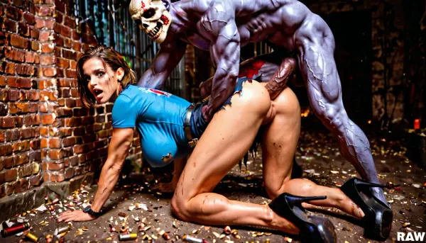 On a dark night in the ruins of a destroyed city, with smashed police cars in the background, 25-year-old Jill Valentine, legs shoulder-width apart, wearing a blue T-shirt and a dark gray skirt, brown stiletto boots, dirty torn clothes, with an ammunition belt, a police badge and a walkie-talkie on her belt, tall, slender, with long legs, big tits, shaved pussy, slender legs, elastic ass, legs wide apart, leaning forward, muscles and veins protrude on her legs, with earrings in her ears, an army badge around her neck, a watch on her left hand, a very sexy woman., bulging veins, skinny, full-length, skinny torso, muscular legs, (realism:1.3), (photorealism:1.3), High quality, 4k, (incredible detail:1.3), masterpiece, intricate, (high quality leather with details:1.3), (raw photo, best quality:1.4), (high-quality detailed color photo in RAW format:1.3), high resolution, 8k UHD, long slender legs, full body demonstration, gigantic breasts, bent forward, sexy ass, no panties, dangerous, anal sex with a werewolf, huge cock, whole body, bent over, doggy style, smudged makeup, scared shocked face, crying, tears, high heels, torn clothes, moonlight, night, zombie infested city, apocalypse, attractive, angry, sweet, woman, <lora:JillRE1800:.5>