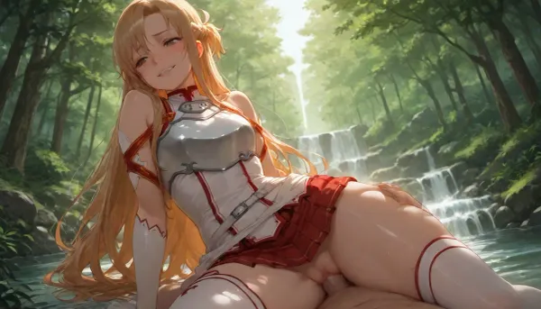 (Asuna Yuuki from Sword Art Online), 35 year old girl, realistic face, smiling, red and white suit, (blonde hair), (slightly curly hair), long hair, light blue eyes, freckles on face, pretty face, very tanned skin, narrow hips, thin waist, side view, vagina visible from under skirt, front view, full-length view, flat chest, areolas, swollen, puffy, very cold nipples, (focus and realistic face:1.2), sex, Asuna, (SAO), forest edge, waterfall, river, forest, floating castle in background, skirt, red skirt, removable gloves, white thigh-high stockings, brown hair, brown eyes, breastplate, solo, pleated skirt, miniskirt, white belt, blonde, hair, brown, eyes, long, <lora:asuna:2>, <lora:SDXL_Asuna:2>