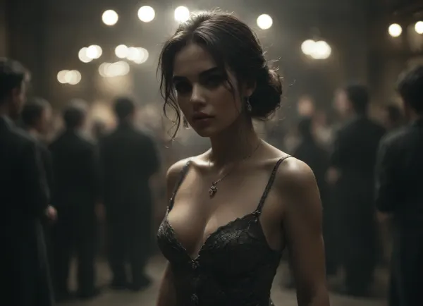 In a cozy, dimly lit bar at late hours, a beautiful 25-year-old woman with a slender, elegant figure and a slightly disheveled evening dress playfully covers her boyfriend’s eyes with her hands. As he is momentarily blinded, she cheekily glances past him directly at the viewer, her eyes filled with playful flirtation. Her lips are slightly parted, and the tip of her tongue is gently visible, all rendered in high detail to emphasize her inviting and mischievous expression. The scene captures the intimate, spontaneous atmosphere of the night, focusing on her expressive face and playful demeanor. The background, softly blurred, hints at a lively bar environment with ambient lighting and a warm, inviting mood, crowd, of, people, Black, and, white, art, blck, shading, charcoal, toned, brutal, dark, b/w, color, scheme, <lora:dark:.1>, <lora:Black and white art.V1:.4>, <lora:MJ52:.8>