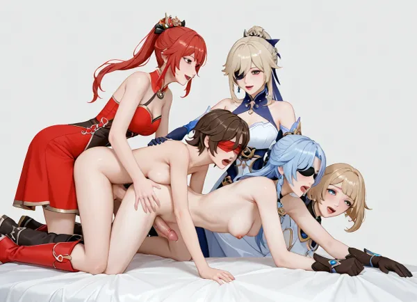 futanari, futa sex, futa on futa, orgy, pegging, futa on female, femdom, (Genshin impact), naked, athletic, screaming, covered with cum, massive cock and balls, anal sex, doggystyle, simple background, jinliu, default, clothes, silver, hair, blue, and, white, chinese, dress, 1girl, red, eyes, long, boots, black, gloves, bangs, bare, shoulders, ponytail, footwear, Blindfold, with, crescent, marking, eyepatch, covered, <lora:jingliu-a3-Tanger-000014:1.3>, <lora:cartoon_stickers_xl_v1:.9>