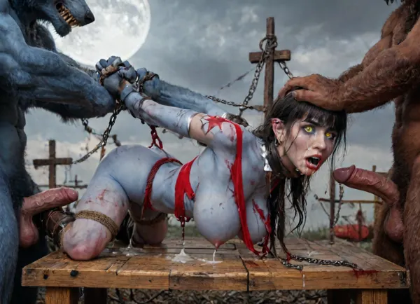 (vampirella:1.32), ((Vampirella is a tall, pale woman with a mane of raven-black hair and green eyes. Her look is that of a skimpy, red sling bathing suit barely covering her nipples and genitalia, with a golden bat emblem over the crotch. She wears an upturned white collar at her neck, long, high-heeled black boots, and a golden bracelet on one arm)), female drow elf barbarian, (blue skin:1.82), tall, angry, busty, curvy, thin waist, big boobs, big butt, slim, fit, vitiligo, strong, fur pelt armor, dungeons and dragons, purplish blue skin, black and purple hair, Dark, Elf, Warrior, tattooed, scarred, purple eyes, blue skin, amazon, giant, fur barbarian armor, bloody, blood spatter, bear, bear heart, (in a bloody filed after a battle, white full moon in the sky:1.4), (man is choking her from behind:1.2), ((hogtied, bound with large chains, crucified to a torture table, spikes through hands:1.3)), (torture:1.32), horror-themed, (NSFW, rating_explicit:2), (looking at viewer:1.6), (female_focus:1.1), (6 hyper huge werewolves), with glowing red, (malevolent eyes:1.2), huge monster werewolf dick, crying, extreme cumshot, cum on face, cum on body, side view, lifted between two, bukkake, cum in face, (werewolf is choking her from behind:1.6), ((hogtied, bound with large chains, tied to a torture table:1.18)), ((12 giant muscular werewolf:1.4)), (opening wide her little mouth:1.5), (analrape werewolf sex), ((anal fuck 1.5)), (hyper massive werewolf cock:1.2), of the beast is to big for her little mouth, (4 gigantic African black brute thug, huge trunklike arms, huge head, hyper muscular body, dressed in slave clothes:1.32), ((hogtied, bound for sex, tied up)), (covered in cum), ((tears:2)), large hyper muscular fat old werewolf, (double anal sex), swollen white veiny cocks, (double anal penetration:1.4), hardcore double penetration, proper physics, big white cocks, muscular old werewolf double anal gangbang, Uber realistic, 8k, ultra detailed, masterpiece, arched back, detailxl, 35mm photograph, film, professional, 4k, 1girl, 5 boys, hdr, photographic, ultra realistic, ultra high details, back light, (front view), (dynamic pose), best quality, incredibly lean body, anal sex, with large muscular werewolf, gargantuan werewolf cocks, magazine cover, Realism_Quality_2xx_By_Stable_Yogi, score_9, score_8_up, score_7_up, (((very pretty face:1.3))), (((extremely ultra detailed face:1.3))), perfect fingers and hands, upper body view, (extreme size difference:1.6), (ultra realistic), (maximum quality), (high resolution), (extreme detail), (ultra realism), UHD, super high quality, highly detailed, high resolution, perfect lighting, natural lighting, (dynamic angle), (random angle), (random pose), (dynamic view), (random view), golden hour, rich details, nature-inspired color palette, <lora:Dark_Elf_Warrior:2>, <lora:zavy-brbrn-sdxl:2>, <lora:LCMTurboMix_Euler_A_fix:2>, <lora:EdobHorrorLandscape_XL_v1.0:2>, <lora:EdobWerewolf_XL_v1.0:2>