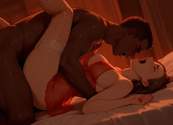 white mature milf fucked by big black man, brunette, vaginal sex, pale skin, (slutty dressed milf:1.3), (interracial:1.2), (big brutal african man:1.2), (screaming in pleasure:1.3), spreading, bimbo, angle, cinematic, heels, side view, fishnet stockings, garter, pleasure, morning light, sexual position, Studio, Ghibli, Style, Ghiblistyle, realistic colors, white background, (negligee:1.4), medium breasts, grabbing her breasts, <lora:Studio Ghibli Style:.8>, <lora:ghibli:.8>