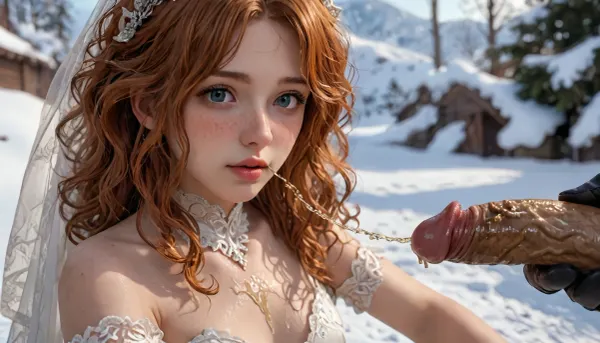 Close up of ginger haired freckled curly haired 50 year old bride wearing brown stained clothes, latex gloves, turds on skin, feces in hand, wet clothes, shit on face, The setting is a snowy slope, with ski resort, pee in snow on floor and walls, messy, filthy, wet skin, dripping, outdoors, large brown smears on skin, nipples, pissing penis, filthy dress, brown stains in dress, pee into mouth, pee dripping, saliva, closeup, white, (long, hair:1.7), (white bridal dress:1.5), <lora:Nier_Automata_2B_White_Wedding_Dress_Bride_Cosplay_Realistic_LoRA:.8>, <lora:detailed_notrigger:.8>, <lora:LCMTurboMix_Euler_A_fix:.8>