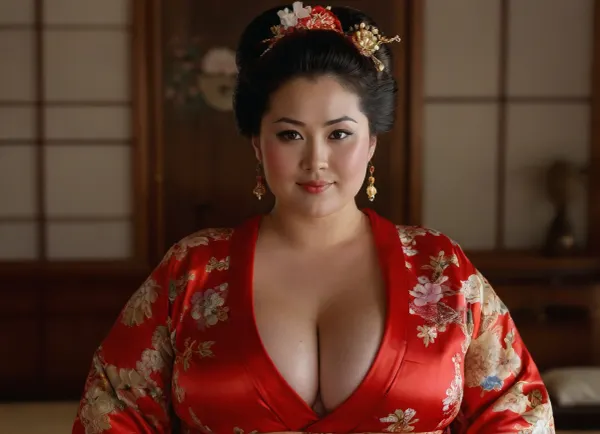 ((stacked Asian plump bbw)), dressed in a red silk Kimono, (((covering her massive cleavage))), (fully clothed:1.2), Squared Face, big black eyes, wide jawline, (massive bust:1.1), straight black hair, fat strong shoulder, High detailed photo, chubby face, soft chin, high quality photo .hair bun, wide packed hips, Seductive smile, Very old skin and face, wrinkles, (kancolle\), Kimono, <lora:Kimono:.3>