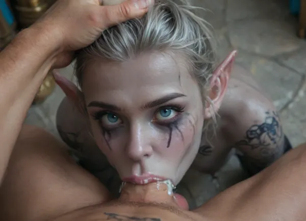 Cinematic still, ((drow princess)), ((gray skin:1.8)), (pointed ears), cute, gorgeous, ((slim:1.6)), ((muscular:1.5)), (black mystical body tattoos:1.3), perfect round breasts, nipple piercing, dark makeup, eyeliner, eyeshadow, mascara, long eyelashes, slim waist, nude, black stockings, black choker, very long silver hair, striking facial features, (blue eyes), narrow face, wet skin, Mascara tears, ruined makeup, spitbubbles, spitstrings, silver jewelry, kneeling in a fantasy castle room in front of a white man. She takes his cock deep into her mouth, (deepthroat:1.5), pressing her head down his cock with his hand, (pov), (cum in mouth), cum on face, cum drooling out of nose, (surprised:1.3), 4k epic detail, shot on kodak, 35mm photo, sharp focus, high budget, cinemascope, moody, epic, film grain, grainy, score_9, score_8_up, score_7_up, rating, explicit, big_eyes, but, <lora:SDXLHighDetail_v6-000005:2>, <lora:BUT_SDXL_SHS:2>