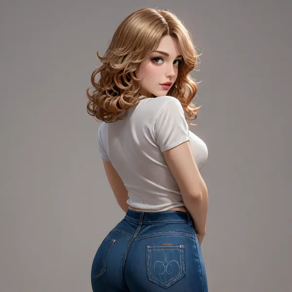 (CARTOON), 2D, reiq style, solid outlines, (rear view VIEW), angle, super sexy woman, voluptuous figure, wide hips, pear shaped body, fit with attention-drawing breasts, ((long curly light brown hair)), freckles, bold features and mischievous smirk, dark brown eyes, sparkling playful eyes, tight blue jeans, tight white shirt, teasing look, aroused, full lips, mouth open, ((simple background)), high contrast, (dramatic lighting:1), <lora:outline_xl_kohaku_delta_spv5x:1.5>