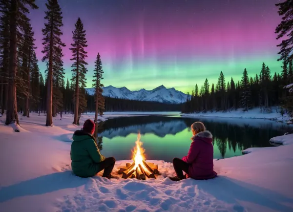 Fairy tale style. Two people relax after New Year's, a couple, (28 years old), (sitting by a campfire, backs to the viewer, in a forest with a lake in a snowy forest:1.1), (wearing winter coats:1.2), (in a forest at the North Pole, a peaceful fairy tale scene, North Pole forest, serene lake reflecting the night sky with the aurora borealis, snow-covered mountains in the distance, snow-covered pine trees. A couple relaxes after New Year's in a forest at the North Pole:1.3), (high range of vibrant colors from a color palette of emerald, magenta, cool blue and white:1.2), (fairy tale style:1.5), sharp focus, tranquil atmosphere, taken with a wide-angle lens, 8k resolution, fairy tale style.