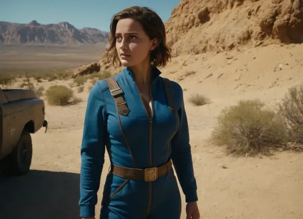 (masterpiece, ultra detailed, best quality, soft shadows, soft light), Fallout style, Lucy in a Vault 13 jumpsuit, after a fight with monsters, in desert, her Vault jumpsuit is pulled down to her waist exposing her tits