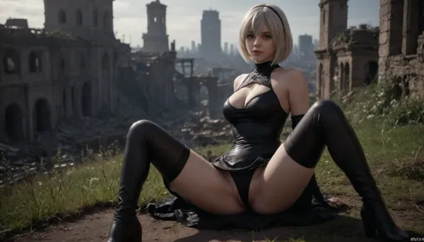 ((2B, YoRHa, NieR, nier automata)), 4K resolution, full-length, sitting, (1 girl), pale skin, detailed image, realistic face, smile, slender figure, anime style, subdued lighting, soft light, looking at viewer, ruined city, ruins overgrown with grass, black dress in a Gothic style, black thigh-high stockings, long leather thigh-high boots, <lora:2b_nier_automata:2>