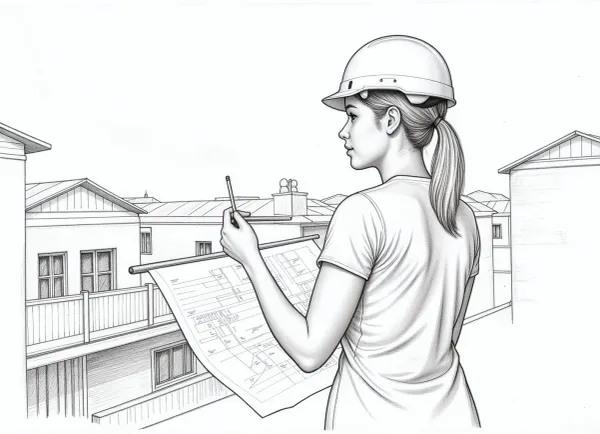 black and white pencil image in the style of a line sketch consisting only of thin lines, flat line image depicting a woman architect in a construction helmet drawing a plan of an old city block on a sheet of paper with a pencil, line sketch consisting of lines of different thicknesses and shading of different densities