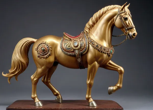 hyper-realistic photography, ((Rampant horse)), statuette of an ornamental horse, (total size of the relic 20 centimeters), with saddle and tack carved and adorned with precious stones, colors that predominate gold and colors of precious minerals.