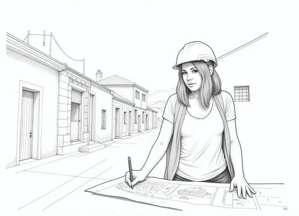 black and white pencil image in the style of a line sketch consisting only of thin lines, flat line image depicting a woman architect in a construction helmet drawing a plan of an old city block on a sheet of paper with a pencil, line sketch consisting of lines of different thicknesses and shading of different densities