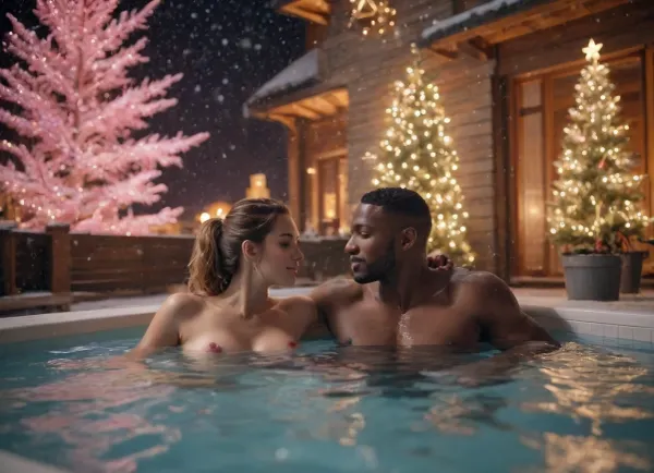 In a very big modern bubbling jacuzzi pool under falling snowflakes, Romantic candles, lanterns, christmas tree, rose petals in water. steam rises from the water, winter, frost on the windows, view from below, naked sexy passionately couple in love, they posing and kissing, the muscular black man grabs the woman's breasts and buttocks, Surrounded by sparkling Christmas lights and softly falling snowflakes. The atmosphere is magical and seductive, with warm golden lighting, highly detailed cinematic composition, ultra-realistic textures, bright colors, dramatic shadows, and a hint of festive charm, a beautiful night sky, and a magnificent Christmas tree nearby. It's the perfect Christmas scene.

In the distance, the mountain peaks are lit up by a fading pink light.