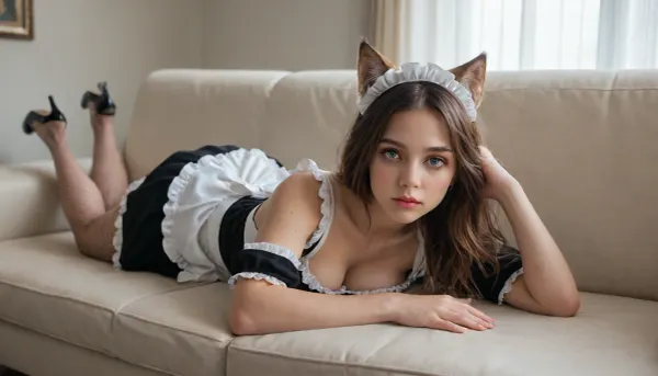 1woman, ((20 yo)), solo, ((fishnet, maid outfit)), no panties, medium breasts, cleavage, long legs, high heels, (view of full body), (pink nylons), fox ears, blush, RealNylonFeets, looking at viewer, (seductively, lying on a couch), (((heterochromia))), (extremely intricate and detailed, highly detailed eyes, high resolution eyes, high quality eyes, long, brown hair, highly detailed hair), (masterpiece, sharp focus, award winning, cinematic lighting, warm glow lighting face), (symmetric eyes, matching eyes, detailed eyes, detailed iris, detailed pupils, limbal ring around iris, perfectly round iris, perfectly round pupils), (expressive eyes, striking eyes, captivating eyes), ((pink, maid dress)), <lora:xl_cute_maid_dress-1.0:.2>, <lora:ortega_sdxxxl_dh128_v1:.8>, <lora:RealNylonFeets_XL:1.2>