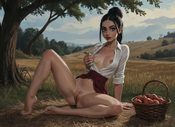 reiq style and Jack cayless art style, 25 yo woman, skinny, large saged breasts, flat chest, black updo haircut, tall, thick thights, long legs, thin waist, green eyes, red lips, (wearing white ukrainian embroidered unbuttoned shirt, black dress, deep neckline, exposed breasts, one breast out, one breast visible), (no panties), (chamomile and viburnum wreath), sitting on haystack on wheat field, clay jug with milk, wicker basket with pies and apples, view from side, spreading legs to the viewer, golden hour sunlight filters through nearby trees, creating dramatic shadows and highlighting her fair skin, looking to viewer, ratatatat74, <lora:EnvyBeautyXL02:1>, <lora:mk_Bp Anime_xl:1>, <lora:EnvyAnimeDigitalPaintingXL01:1>, <lora:ratatatat74-000050:1.9>