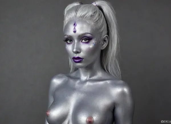 A feminine athletic blue vixen holding a magical staff fursuit posing for a studio photo., Super detailed, super quality, Hajime Sorayama style, (beautiful Cybernetic woman), (masterpiece, best quality), multicolored hair, big breasts, sci-fi, (silver face), (still silver body), (shiny silver skin:2), (cyber body), (metallic luster), (full figure visible), (wide apart legs), (anal fucking), big dick, cowgirl sex position, reverse, cowgirl, (clitoris piercing:1.3), (cock purple), closeup, cs-m3tal-ok_v06-1000, ((silver milk pours from the nipples, lactation)), slimwoman, naked, very, small, breast, Sp4c3, Sc3n3, planet, stars, nebulae, sky, lactation, sprayingmilk, ruined, (makeup:1.2), Golden Glitter Lips, Aesthetic, Nail, artoflips, uoclips, lips, lipstick, art, of, ral-polishedsteel, glitt3r, <lora:Aesthetic_Nails:.8>, <lora:Lip_Gloss_sexy_lips_by_DarkEffect:1.8>, <lora:Art_Of_Lips_PONY_XL_By_UOC:1.4>, <lora:ral-polishedsteel-sdxl:.8>, <lora:glitt3r:.8>