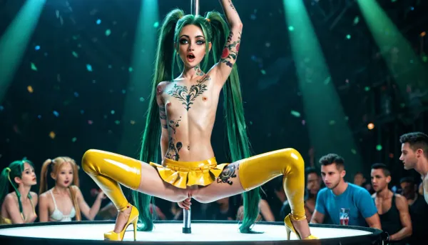 Shaved open pussy, face like during orgasm, yellow stockings, side view, (whole body tattooed:1.8), (fine makeup:1.2), (huge skin:1.2), big round gray eyes, (green hair:1.6), (long ponytails haircut:1.4), (small chest:1.2), hard nipples, (((skinny:1.5))), pole dance on strip club with audience, (Dynamic dance pose:1.3), full body view, spotlight on girl, (yellow mini latex skirt:1.2), platform high heels, plug in her ass, spread legs