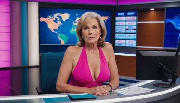 60 year old woman with big tits, wearing pink swimsuit, sitting behind news desk in a news studio