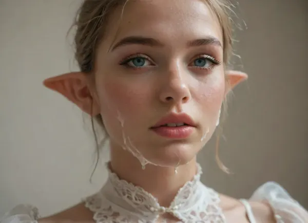 sex-crazed elf princess with amazing curvy body presents her sexy corset and dress in her boudoir, solo, covered in cum, soaked, exaggerated load of cum, close up on face, huge boobs