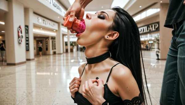 (Skinny long leged:1.1), 18 years, adult, gothic slut, (Dildo is halfway in throat:1.4), (Both hands grasp the dildo to push it deep into the throat:1.5), mall