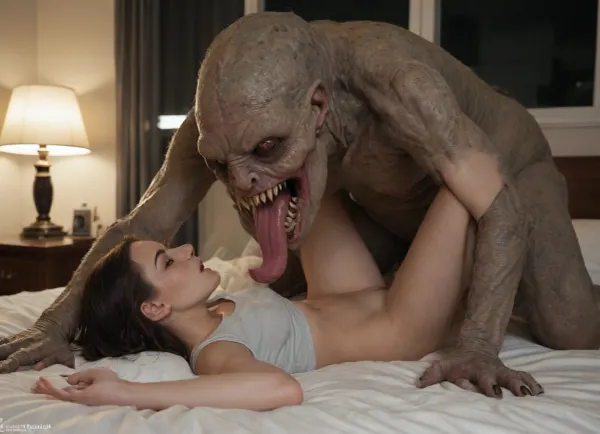 Photo, real photo, best quality, perfect quality, professional photo, night, a young girl's bedroom. An 18-year-old girl having her pussy licked by a scary monster woman. Sharp focus, cinematic lighting, moonlight, spooky, scary, horror, sexy, erotic horror, (((2girls))), masturbation, orgasm, pajamas, shirt pulled up, pants pulled down, ((female monster:1.7)), ((Looking at each other)), in love, lesbian, lesbian sex, extra arms, claws, cunnilingus, licking pussy, girl licking pussy, yuri cunnilingus, both looking at each other, youthful decor, pink wallpaper, stuffed animals
