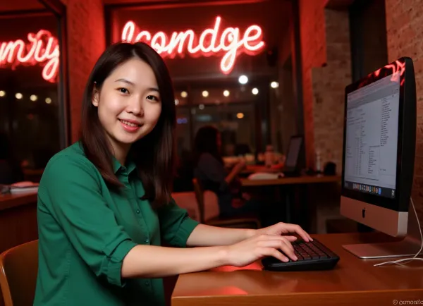 (Young Korean woman:1.2), programmer, (smiling:1.1), (sitting at a table in an internet cafe:1.1), (writing program code in a C++ compiler), (computer monitor screen visible:1.1), . Dark long straight hair, (wearing a green shirt:1.2), . Background, (interior of a small cafe:1.1), customers at tables, neon lettering, (red neon:1.3), . Soft lighting, (warm and cozy atmosphere:1.1), (blurred background:1.1), (bokeh), realistic photo, high resolution, (photorealistic:1.3), .