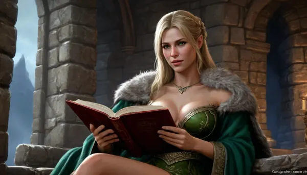 (one woman, Betrid from Skyrim, 40 year old, scandinavian, blonde medium hair, medium breasts, unpleasant face expression, slightly angry eyes), (inside medieval stone house, silver stone walls, blue ambient background atmosphere), (wearing brown fur shawl and noble ornamental green dress topless pulled down exposing breasts), (sitting, holding a book high up in front of her breasts above chest, covering breasts with open book, nipples hidden behind book held up), close-up side view from below, (artwork, digital painting, concept art, by syd mead, flat colors), <lora:LegendDarkFantasy-000001:.5>