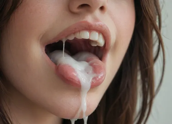 High-resolution digital photograph providing a detailed medical view inside an open human mouth. Close up of the mouth, (mouth taking most of the frame of the image space:1.4), . The image should show the teeth, gums, tongue, uvula, and throat in realistic clinical detail with natural lighting., (Extreme close-up focus on the oral cavity:1.4), mouth full of cum, mouth overflowing with excessive cum