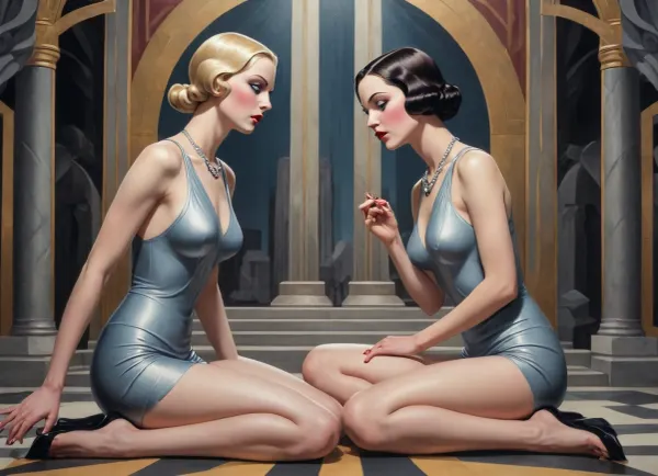 Art deco style painting, Guernica and Erte. Two women on their knees, bimbo build, slutty make up, whores.