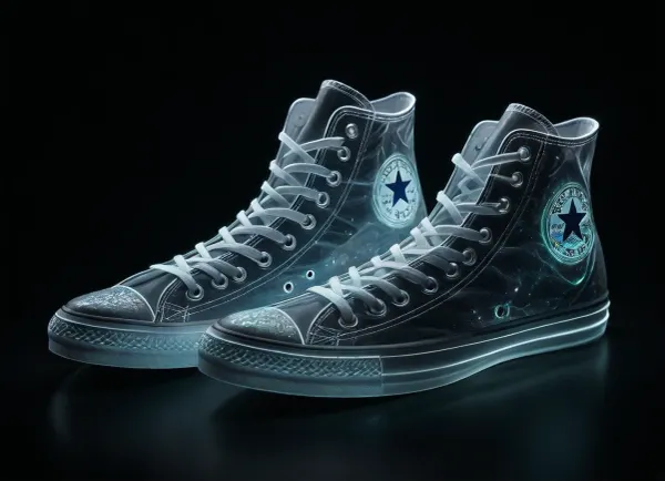 Create a hyper-realistic, highly detailed image of A highly detailed, (photorealistic white glowing Converse Chucks AllStar Shoe:1.4), (white glow:1.8), (entire shoe:1.4), set against a black background, (the shoe appears almost glass-like:1.2), with white glowing holographic, (translucent patterns adorning its surface:1.4), (white glowing and magical:1.3), (every white glowing detail captured with perfect precision:1.3), (the white glowing shoe meticulously aligned:1.2), emphasizing the enchanting, otherworldly aesthetic of the instrument, creating a visually stunning and powerful imagem, (maximum detail), (super realistic photo:1.4), DonMSp3ctr4lXL, holotech, <lora:DonMSp3ctr4lXL-000008:2>, <lora:dark:2>, <lora:detailed_notrigger:2>, <lora:Holotech:2>