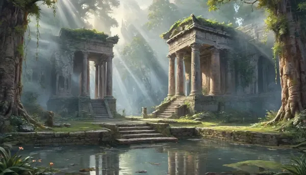 bichu, oil painting, masterpiece, cinematic scene, ancient magical ruins, deep forest, overgrown with vines, crumbling architecture, ornate carvings, glowing sigils, mystical energy, shining pedestals, floating platforms, shining crystals, particle effects, Volumetric light rays, tranquil pond, fireflies, tall lush trees, stepping stones, foggy atmosphere, painterly rendering, extremely detailed elements, photorealistic style, dreamlike lighting, high resolution, depth of field, <lora:oil painting:1.5>