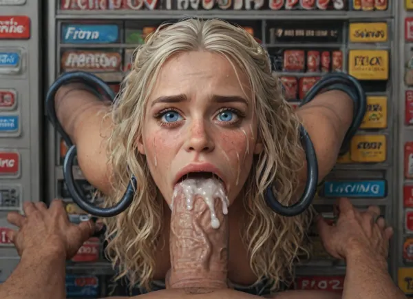(huge veiny wet dick), (((extreme painful creamy deepthroat))), ((cum)), (orgasm:1.12), (deep deepthroat:1.5), (extreme oral sex:1.24), (huge african dick:1.15), (sided deepthroat), (mouth full cum), (cum on face:1.5), (excessive cum leaking from mouth on to chest:1.1), (Star Wars starship background), (40 years adult), (woman is stuck with her hips in a round hole with metal rim in a vending machine), (her bust is protruding from a round hole in the front of the vending machine:1.5), (stuck in hole with metal rim:1.3), (vending machine at night, slot for payment), (wide mouth spreader, gaping mouth:1.5), (leaning forward), (embarrassed, ashamed), (pleading expression:1.2), (terrified:1.6), (crying:1.2), (fear and panic:1.2), (box is low mounted, close to floor), (score_9, score_8_up, score_7_up, UHD 8K, masterpiece, best quality, maximum details, natural light, extreme realism, cinematic still), (huge penis:1.4), (she stares at erect penis in front of her face:1.3), (POV from side view, she is looking up to viewer, submissive), (POV man standing and looking down, man stroking his big dick:1.1), (arms restrained to wall), (her arms left and right flat against the wall, multiple iron rings fixing her stretched arms against the wall:1.5), (POV standing man, looking down on her:1.2), (mouth wide open), (dirty blonde Swedish woman, freckles, tanned), (tan lines), (iron rings restrain her arms to vending machine), (her arms are spread eagle against vending machine:1.8), (arms restrained with iron rings:1.8), (free-standing vending machine), (her face is covered in cum:1.6), (enormous cum in er mouth:1.12), (bukkake, facial:1.48), (crying:1.3), (freckles, skin impurities), (transparent liquid:1.2), (realistic cum), (wet face:1.2), (oily skin:1.5), (stuck in a round hole with metal rim:1.6), (long blonde hair, elegantly styled hair, long wavy hair:1.5), (eyes wide open in horror:1.8), (her mouth serves only one purpose), (she's got a new job, she's a public cum dumpster), (terrified:1.44), (crying:1.44), UHD 8K, (full body photograph:1.12), (huge dick), (creamy deep deepthroat:1.12), (extreme oral sex:1.4), (huge massive white dick:1.4), (cum), (hands pulling hair hard), professional photograph shot on kodak, 35mm photo, 100 mm lens, 1/250 s, f/2.8, ISO 300, (high view:1.2), (detail Daenerys Targaryen:1.32), (detail Daenerys Targaryen face:1.16), random sex scene, rapefantasy, Rating_explicit, (score_9, score_8_up, score_7_up, source_bdsmrape:1.12), ((gangbang_rape, doubleanal_rape, arms_behind_head, nsfw:1.24)), (Torture, defiling, sadism:1.62), ((5 dirty old fat men gangrape girl:1.36)), dae, woman, long, white, braided, hair, she, has, is, wearing, a, blue, and, dress, cyan, dragonstone, queen, costume, ice, outfit, targaryen, mhysa, <lora:LCMTurboMix_Euler_A_fix:2>, <lora:detailed_notrigger:2>, <lora:photorealistic_portrait_notrigger:2>, <lora:JuggerCineXL2:2>, <lora:daenerys_dae woman sdxl:2>