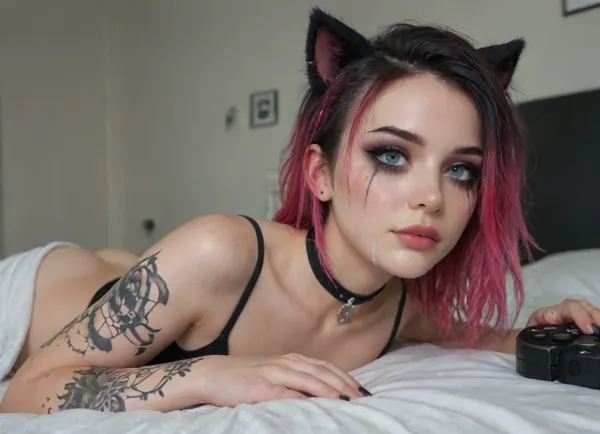 low dynamic angle, Egirl jouant à la Playstation, Lying on your stomach, the PlayStation controller in your hands emo girl, punk girl, cheveux Egirl playing at the Playstation, pink hair, lying on her stomach on a bed, dripping eyeliner, ruined eyeliner, crying, black lipstick, dripping makeup, choker, facial, bukkake, bright light blue eyes, shiny eyes, cat ear, tattoo on the shoulder, stained makeup, running mascara, flowing mascara, tear on the cheek, girl cries, cum on the face, 3m0, Punk, G1rl, girl, portrait, makeup, glowing, punk, pink-emo, <lora:RVCM_Duotone_Color_Hairstyle-000002:.8>, <lora:Emo_Punk_Girl:.8>, <lora:pink-emo-sx:.8>