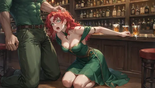 anime, 25 year old woman with long red hair, medium breasts, short green dress, kneeling in front of a muscular man and facing him and begging, in a bar, scared