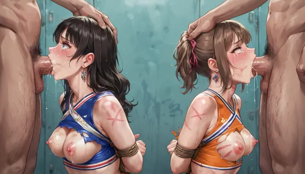 best quality, clean art, (2girls, 2men), college student with brown hair, medium breasts, ripped cheerleader uniforms, hands bound behind back, ((marks on body, marks on tits)), (back to back, face fuck, deep throat), fucked by old men, humiliated, tears