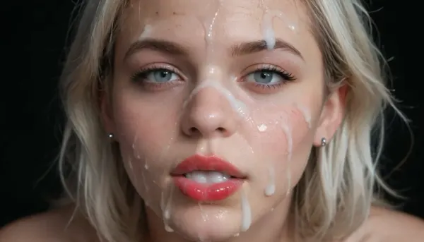 (Macro photo), (extreme close up:1.2), front view, Photorealistic, high resolution, professional photography, close-up of lips, zoom in on lips, red lipstick, short smooth blonde bobcut hair, topless, cum dripping from chin, tongue sticking out, black background., (Cum details), realistic cum, Prominent cum, (white cum:1.7), cum on, (Cum flows:1.2), (cum on body:1.3), cum on head, (cum on face:1.3), bukkake, ((body covered with semen)), cum, face, Face covered in cum, (A lot of cum:1.5), <lora:JustCum:1.4>, <lora:cum_in_eye_deepmind:1.4>