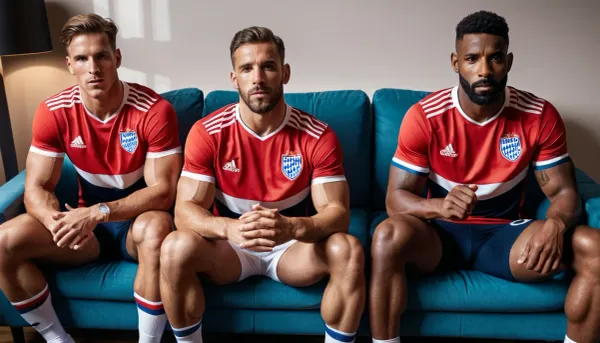4 male athletic soccer players are sat on a sofa in their sports kit, their muscular legs are manspreading and you can see the outline of their hard cocks through their shorts. They're all looking at the camera with a dominant expression, ready to fuck you. Alpha, horny, gay, homoerotic, domination, sportswear, sleazy, interracial.