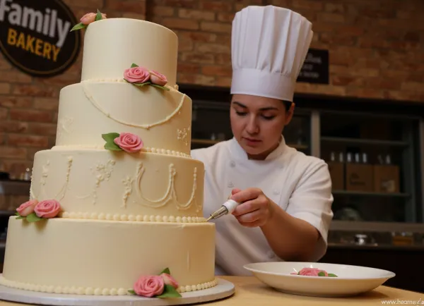 In a cinematic photograph, an Italian pastry chef wearing a tall chef's hat decorates an elaborate four-tiered cake marzipan roses and creating delicate openwork patterns called ‘royal icing’ using a special pastry syringe, (piping bag), against the backdrop of a family bakery with a sign reading ‘Family Bakery’. next to it is a plate with marzipan roses for decorating the cake, work process, bokeh, high detail, shallow depth of field